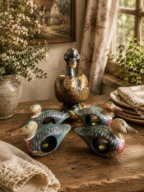 Vintage Ceramic Duck Planter Flatware Holder and 4 Hand Painted Napkin Rings Set
